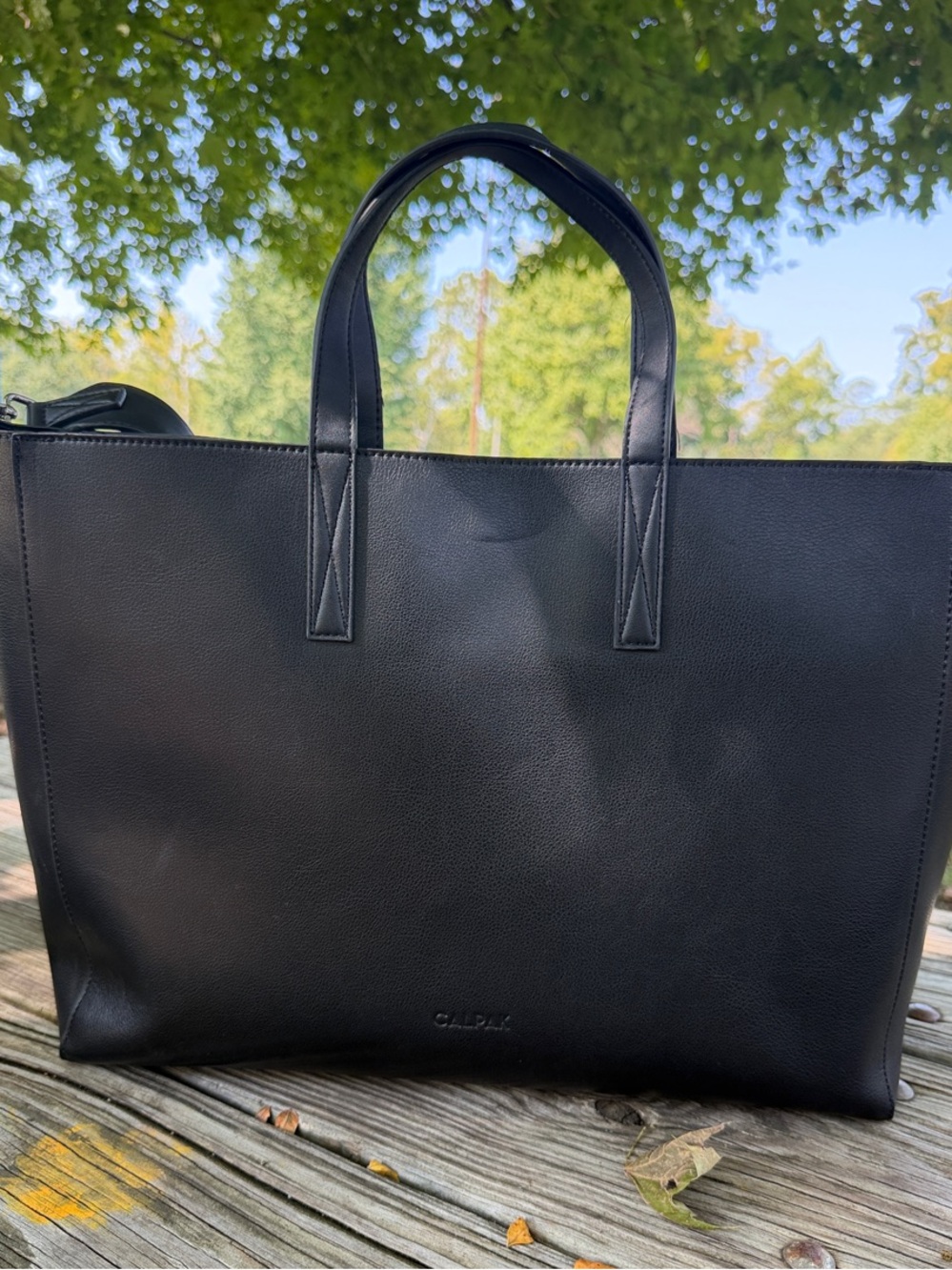 Calpak Black Leather Laptop Tote with Top Handles
